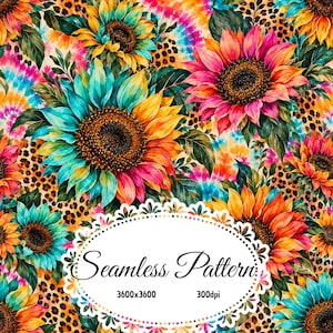 Pode incluir: Um padrão sem costuras com girassóis vibrantes em tons de azul-petróleo, amarelo e rosa, sobreposto a um fundo com estampa de leopardo e tie-dye. Uma moldura oval recortada branca contém o texto Seamless Pattern, 3600x3600 e 300dpi.