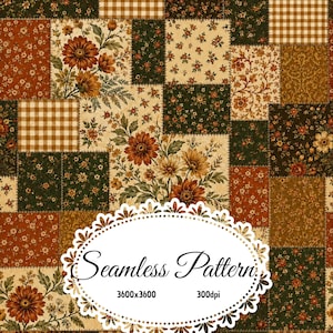 Vintage Autumn Floral Patchwork Seamless Pattern, Fall Flowers Gingham Quilt, Rustic Orange Forest Green Botanical Digital Paper, 3600x3600
