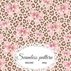 Pode incluir: Um padrão sem costuras com um fundo de estampa de leopardo repetitivo em tons de bege e castanho, sobreposto com laços cor-de-rosa claro de vários tamanhos. Uma moldura oval branca com borda recortada contém o texto Seamless pattern 3600x3600 300dpi.