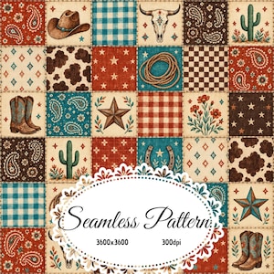 Puede incluir: Un patrón digital sin costuras que presenta una cuadrícula de azulejos cuadrados con ilustraciones de temática western, incluyendo sombreros de vaquero, cráneos de vaca, lazos, cactus, herraduras, estrellas, estampados paisley y flores.