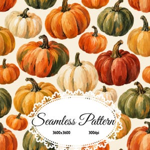 Autumn Pumpkin Seamless Pattern, Rustic Orange Green & Cream Fall Pumpkin Digital Paper