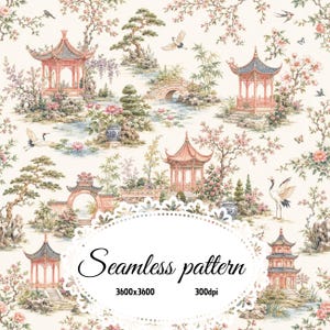May include: A seamless pattern featuring a landscape with pagodas, arched bridges, cranes, and flowering trees in shades of pink, green, and blue on a cream background. The text reads Seamless pattern 3600x3600 300dpi inside a white scalloped oval.