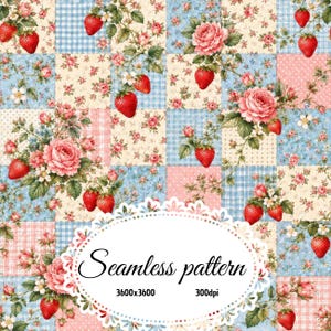 Patrón sin costuras de patchwork de fresas y rosas vintage, papel digital de cuadros florales estilo cottagecore, paquete JPG de estampados de tela shabby chic