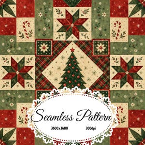 Puede incluir: Un patrón digital sin costuras con temática navideña que presenta estrellas rojas y verdes, bastones de caramelo y un árbol de Navidad central. El diseño incluye una etiqueta festoneada blanca con el texto Seamless Pattern 3600x3600 300dpi.