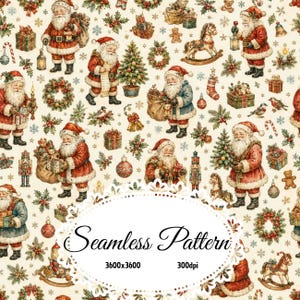 Vintage Santa Christmas Seamless Pattern, Santa Claus Gifts Toys & Christmas Trees, Nostalgic Holiday Watercolor Digital Paper, 3600x3600 JP