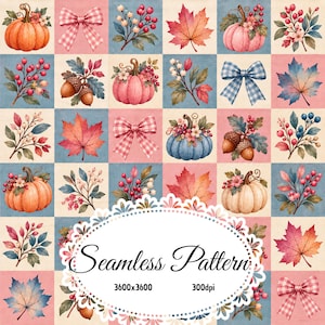 May include: A seamless pattern featuring a grid of autumn-themed illustrations including pumpkins, maple leaves, acorns, berries, and gingham bows on alternating pink and blue squares. The centre displays the text Seamless Pattern 3600x3600 300dpi.