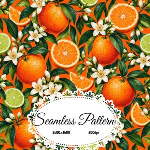 Orange citrus sömlöst mönster, tropisk apelsin och lime digitalt papper, citrusblommor blommönster, sommarfrukt bakgrund JPG
