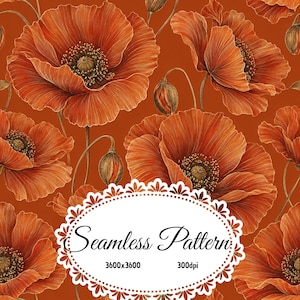 May include: A seamless pattern featuring detailed illustrations of orange poppies and closed buds on a matching orange background. A white oval frame with a decorative scalloped edge is centered, containing the text Seamless Pattern 3600x3600 300dpi.