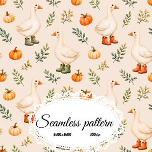 Pode incluir: Um padrão contínuo com gansos brancos usando galochas laranja ou verdes, intercalados com abóboras laranja e ramos de folhas verdes sobre um fundo bege claro. O texto Seamless pattern 3600x3600 300dpi está centralizado.
