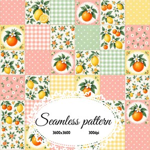 Pode incluir: Um padrão digital sem costuras com uma grelha de retalhos de quadrados que ilustram laranjas, limões, flores brancas, folhas verdes, bolinhas cor-de-rosa e xadrez vichy amarelo ou verde. Texto: Seamless pattern 3600x3600 300dpi.