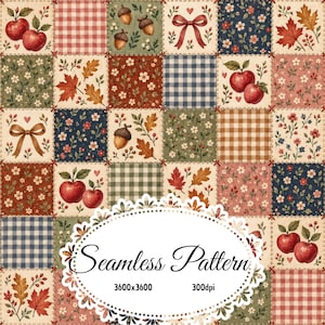 Cozy Autumn Patchwork Seamless Pattern, Apples Acorns Fall Leaves Bows Floral Gingham Digital Paper