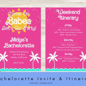 Fashion Doll Beach Bachelorette Weekend Invitation and Itinerary, Barb Bachelorette, Miami Malibu Bachelorette, Girly, Barb Doll Pink Invite