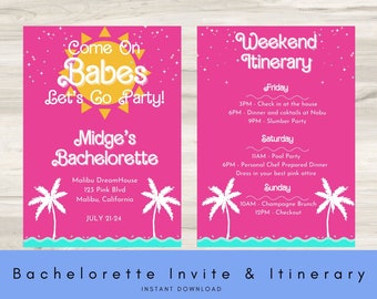 Fashion Doll Beach Bachelorette Weekend Invitation and Itinerary, Barb Bachelorette, Miami Malibu Bachelorette, Girly, Barb Doll Pink Invite