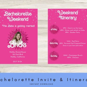 Fashion Doll Bachelorette Weekend Invitation and Itinerary, Barb Bachelorette, Pink Bachelorette, Girly, Barb Doll Pink Invitation