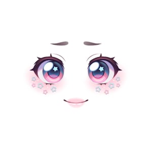 Puede incluir: Una ilustración digital de un rostro con ojos grandes y expresivos de estilo anime con iris rosas y azules, pestañas oscuras y cejas arqueadas. Pequeños iconos de estrellas azul claro están dispersos por las mejillas y una boca pequeña está centrada.