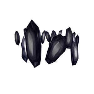 Puede incluir: Una corona circular compuesta por múltiples fragmentos puntiagudos en forma de cristal de color gris carbón oscuro dispuestos en posición vertical. Los segmentos individuales presentan superficies facetadas con variados reflejos y sombras, creando un aspecto dentado.