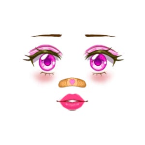 Könnte beinhalten: Eine digitale Illustration eines Gesichts mit großen, leuchtend pinken Augen im Anime-Stil, langen dunklen Wimpern, dünnen braunen Augenbrauen, rosigen Wangen, einem kleinen Pflaster mit einem pinken Herz auf der Nase und leuchtend pinken Lippen.