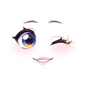 May include: A digital illustration of a face featuring two arched eyebrows, one large wide-open eye with a blue and purple iris, and one closed winking eye with a four-pointed star sparkle effect. A small, thin, light pink mouth is centred below.
