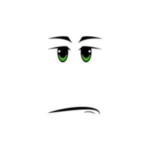 May include: A digital graphic of a face featuring two green eyes with black pupils, arched black eyebrows, and a thin, curved black line representing a mouth. The expression is neutral with a slight downward curve to the mouth.