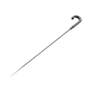 Puede incluir: Un bastón largo y delgado con un eje de metal plateado liso que se estrecha hasta una punta fina en la parte inferior. La parte superior del bastón termina en un mango gris oscuro con forma de J curva, ofreciendo un agarre sencillo.