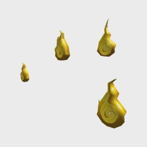Könnte beinhalten: Vier einzelne goldene, flammenförmige Objekte in verstreuter Anordnung. Jedes Teil hat eine glatte, tropfenförmige Silhouette mit einem markanten, mittig platzierten Spiralmuster auf der Oberfläche, dargestellt in verschiedenen Gelb- und Goldtönen.