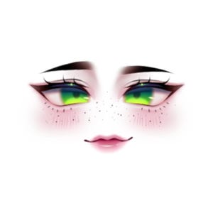 Puede incluir: Una ilustración digital de un rostro con ojos de color verde brillante con delineador negro alado, pestañas negras largas y cejas oscuras y gruesas. El rostro tiene una tez rosa claro con pequeñas pecas oscuras en la nariz y labios rosados.