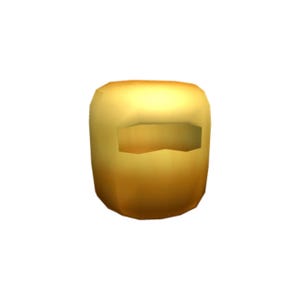 Peut inclure: Un couvre-chef ou accessoire de casque doré, lisse et arrondi, doté d'une unique ouverture rectangulaire horizontale sur le devant. L'objet présente une finition métallique réfléchissante avec des bords arrondis et un aspect uniforme.