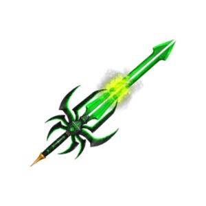 May include: A sword with a bright green glowing blade and a black spider-shaped hilt. The crossguard features curved, pointed legs extending from a central spider body. A golden spike tip sits at the base of the black handle.