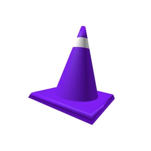 Puede incluir: Un cono de tráfico de color morado con una base cuadrada y una franja blanca horizontal cerca de la parte superior. El cono tiene una superficie lisa y sólida, con una forma cónica que se estrecha hacia una punta en la parte superior.