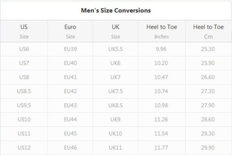 May include: A chart showing men's shoe size conversions in US, Euro, and UK sizes. The chart also includes heel-to-toe measurements in inches and centimeters.