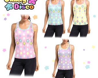 Camiseta sin mangas Pastel Rainbow Star Racerback, lindas camisetas gráficas de anime Galaxy Stars, camisa Fairy Kei, ropa Kawaii de verano