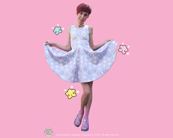 Lilac Star Kawaii Skater Dress, Summer Dresses, Pastel Rainbow Stars Fairy Kei Skirt, 80s Style Clothing, J-fashion