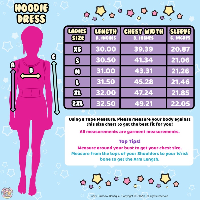 Hoodie Dress Size chart. Lucky Rainbow Boutique