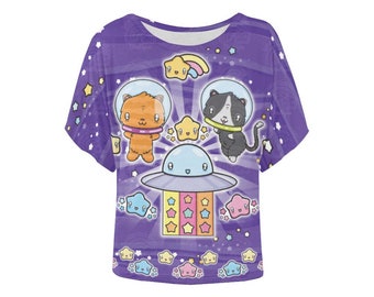 Space Cats Shirt, Anime Cat T-shirt, Kawaii Clothes, Purple Star Tee, Summer Tops for Teens, Funny Shirts for Adults, Harajuku Fashion