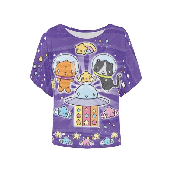 Space Cats Shirt, Anime Cat T-shirt, Kawaii Clothes, Purple Star Tee, Summer Tops for Teens, Funny Shirts for Adults, Harajuku Fashion