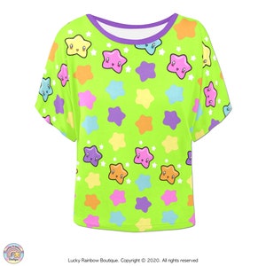 Top de murciélago con estrellas de arcoíris brillantes, ropa estética kawaii, camiseta con estrellas por todas partes, camiseta Harajuku, tops de verano Y2K, ropa Kidcore