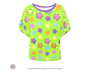 Bright Rainbow Star Batwing Top, Kawaii Clothes Aesthetic, All Over Stars Tee, Harajuku TShirt, Summer Tops Y2K, Kidcore Clothing