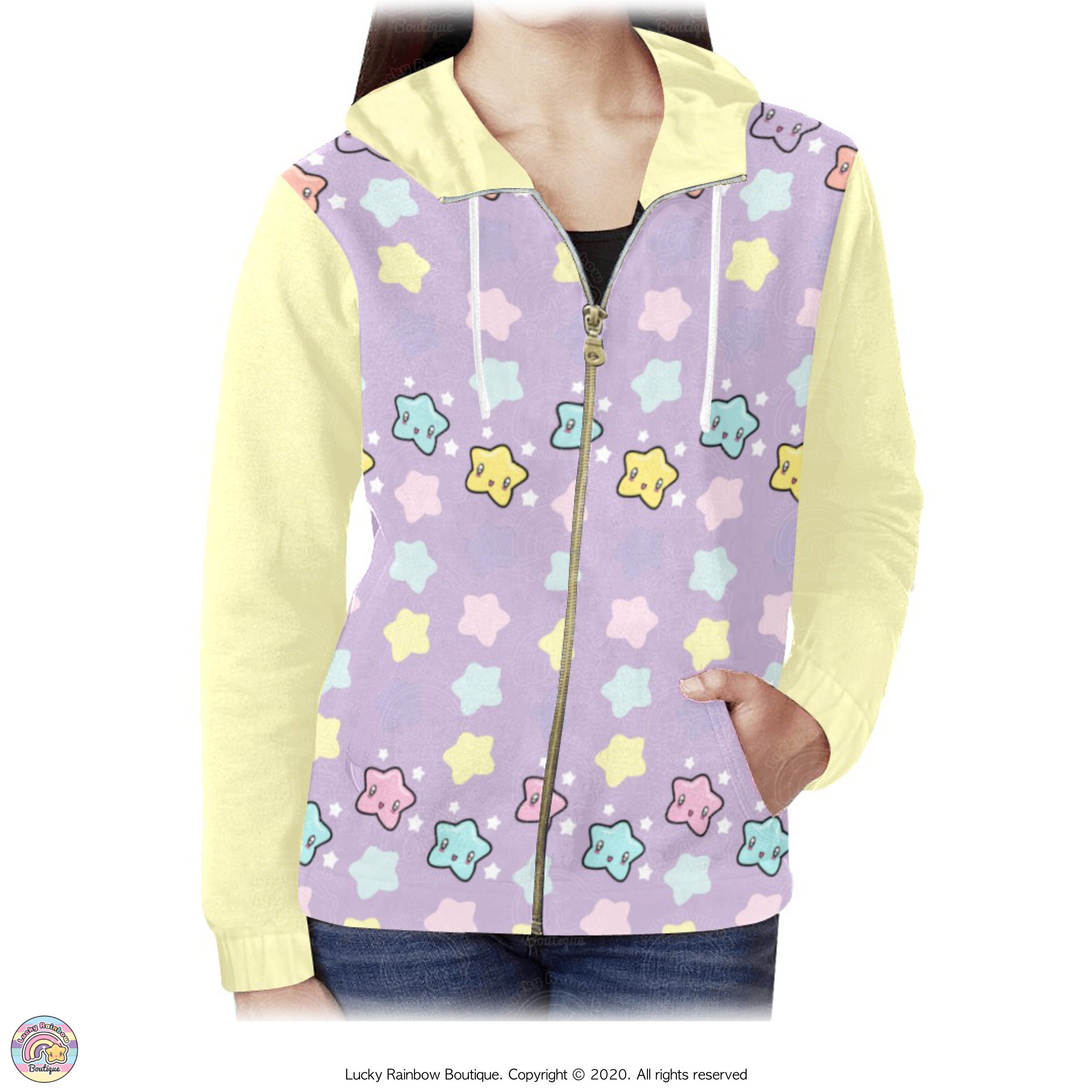 Pink Star Hoodie, Pastel Rainbow Stars Sweater, Zip up