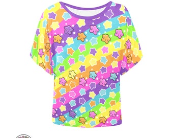 Rainbow Stripe Batwing Top, Kawaii Clothing, Rainbows and Stars TShirt, All Over Print Shirt, Decor Kei Clothes, Kidcore, Harajuku Fashion