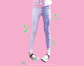 Pastel Leaf Print Leggings Kawaii Clothes, Half and Half Fairy Kei Pants, Pink Gym Work Out Clothing, Decora Fashion, YumeKawaii