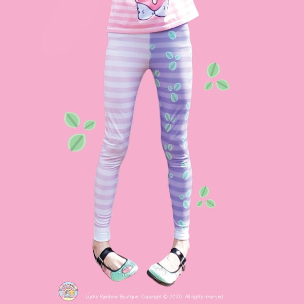 Pastel Leaf Print Leggings Kawaii Clothes, Half and Half Fairy Kei Pants, Pink Gym Work Out Clothing, Decora Fashion, YumeKawaii