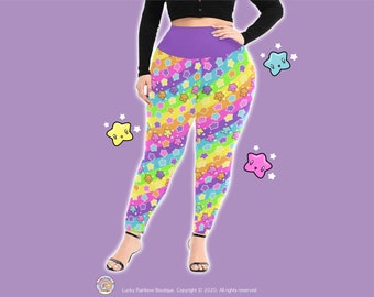 Kawaii Rainbow Stripe Plus Size Leggings, Decora Kei Clothes, Stars & Rainbows Leggings,  Dance Costume, High Waist Pants, Yoga Leggings