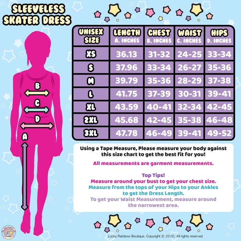 Sleeveless Skater Dress Size Chart. Lucky Rainbow Boutique
