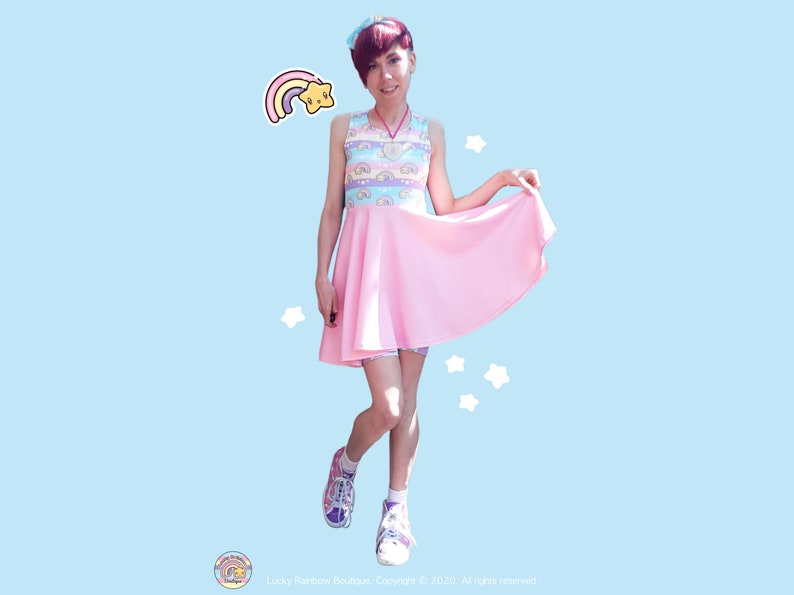 Kawaii Skater Dress with a Pastel Rainbow Sleeveless Top and Light Pink circle Skirt.