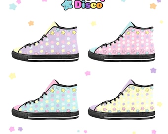 Pastel Rainbow Star High Top Sneakers, Kawaii Canvas Trainers, Colour Block Lace Up Boots, 80s Clothing, Student Casual Shoes, Rainbow Gifts