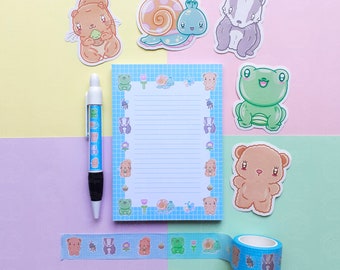 Lindo juego de bloc de notas de animales, juegos de papelería Kawaii para escribir cartas, paquete de bloc de notas A6, pegatinas de cinta washi, regalo de diario para bolígrafo y cuaderno