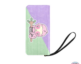 Pink Sloth Zipper Wallet, Kawaii Wristlet Wallet, Japanese Otaku Style Wallet, Vegan Leather Wallet, Cute Animal Purse, Pastel Gifts