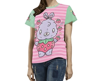 Kawaii Bunny Shirt, Strawberry Print TShirt, Pastel Pink Stripe Tee, Y2K Clothing Womens, Cute Valentines Top for Women, Harajuku Fashion