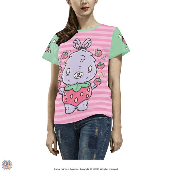 Fairy Kei Pastel Kawaii Cat Print Ruffle Hem Short Sleeve Top main image 0