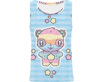Pastel Rainbow Panda Tank Top, Kawaii Clothes, Cute Teddy Bear Sleeveless Shirt, Blue Stars and Stripes Top, Xmas Gift for Her